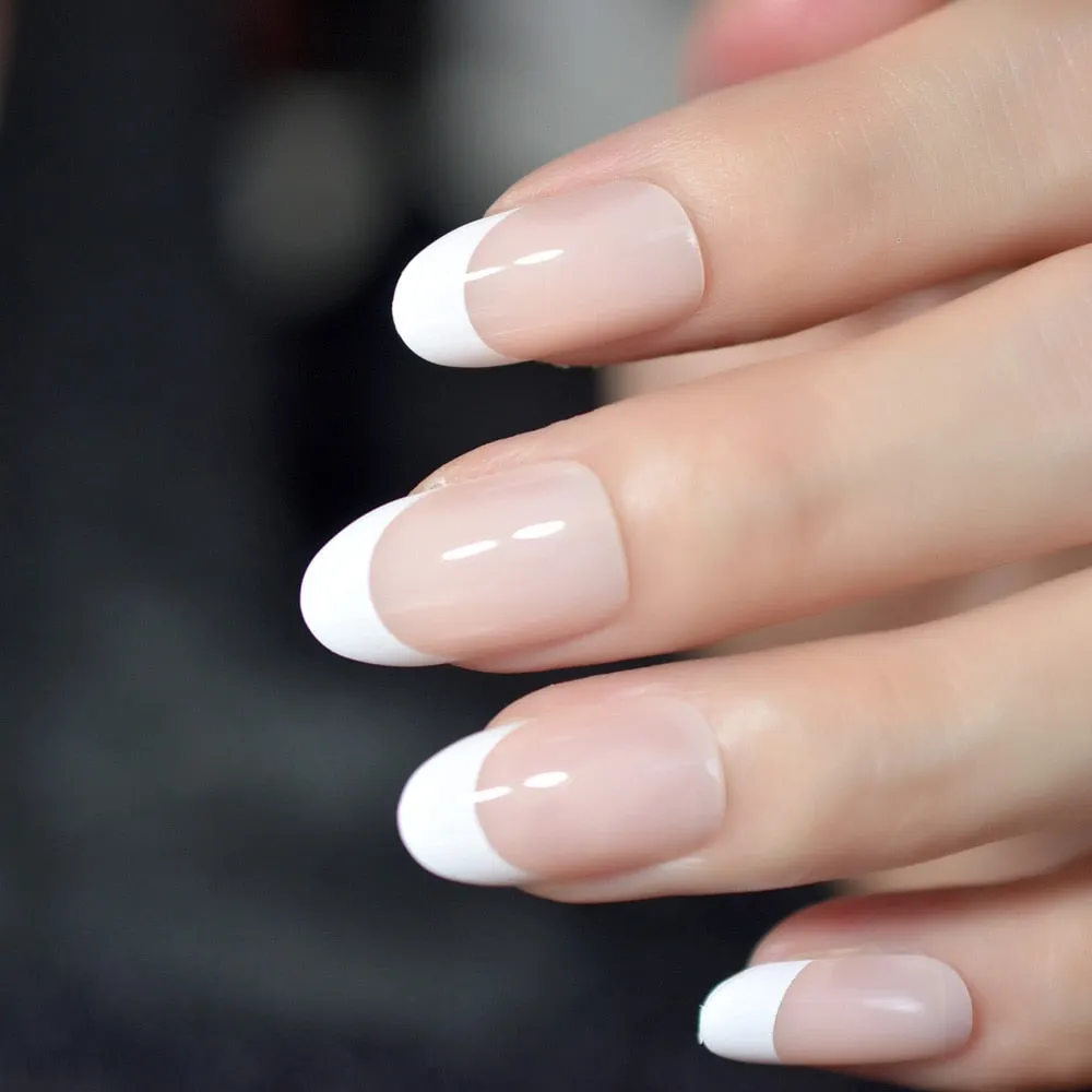 Nail Art Salon Oval Acrylic French Nail Kit Real Medium Length Grace Oval Fake Nails French 24 Tips-Nail Inspo