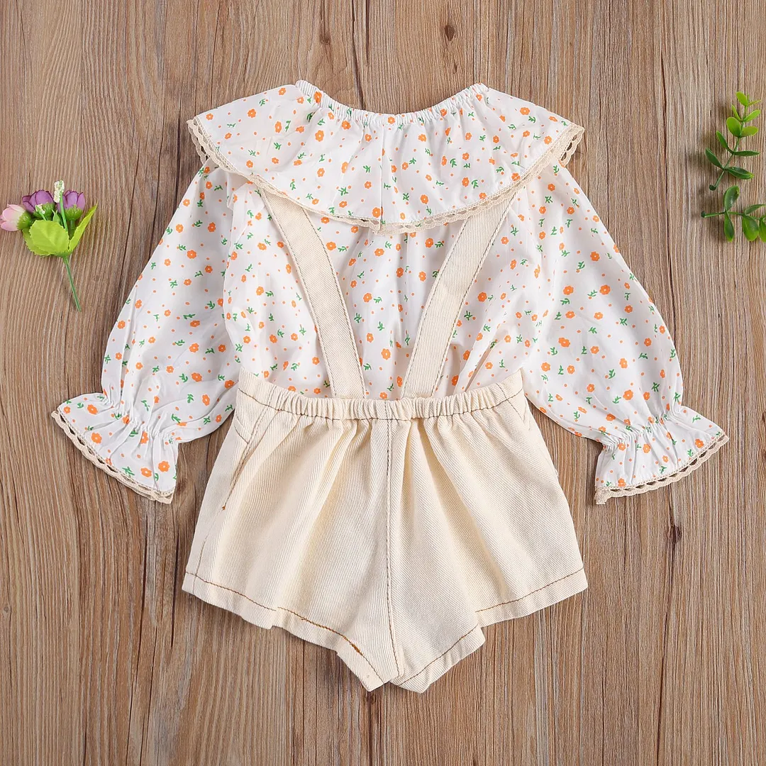 Children Baby Girls 2Pcs Outfit Set, Girl's Ruffled Crew Neck Sleeve Flower Leaf Shirt Printing Solid Button Overalls