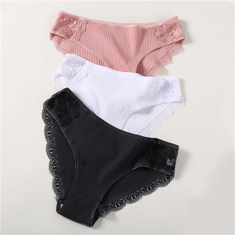 3PCS/Set 6 Color Women Panties Cotton Lace Briefs Solid Color for Female Striped Sexy Cotton Underwear Lingerie Low Waist Flower