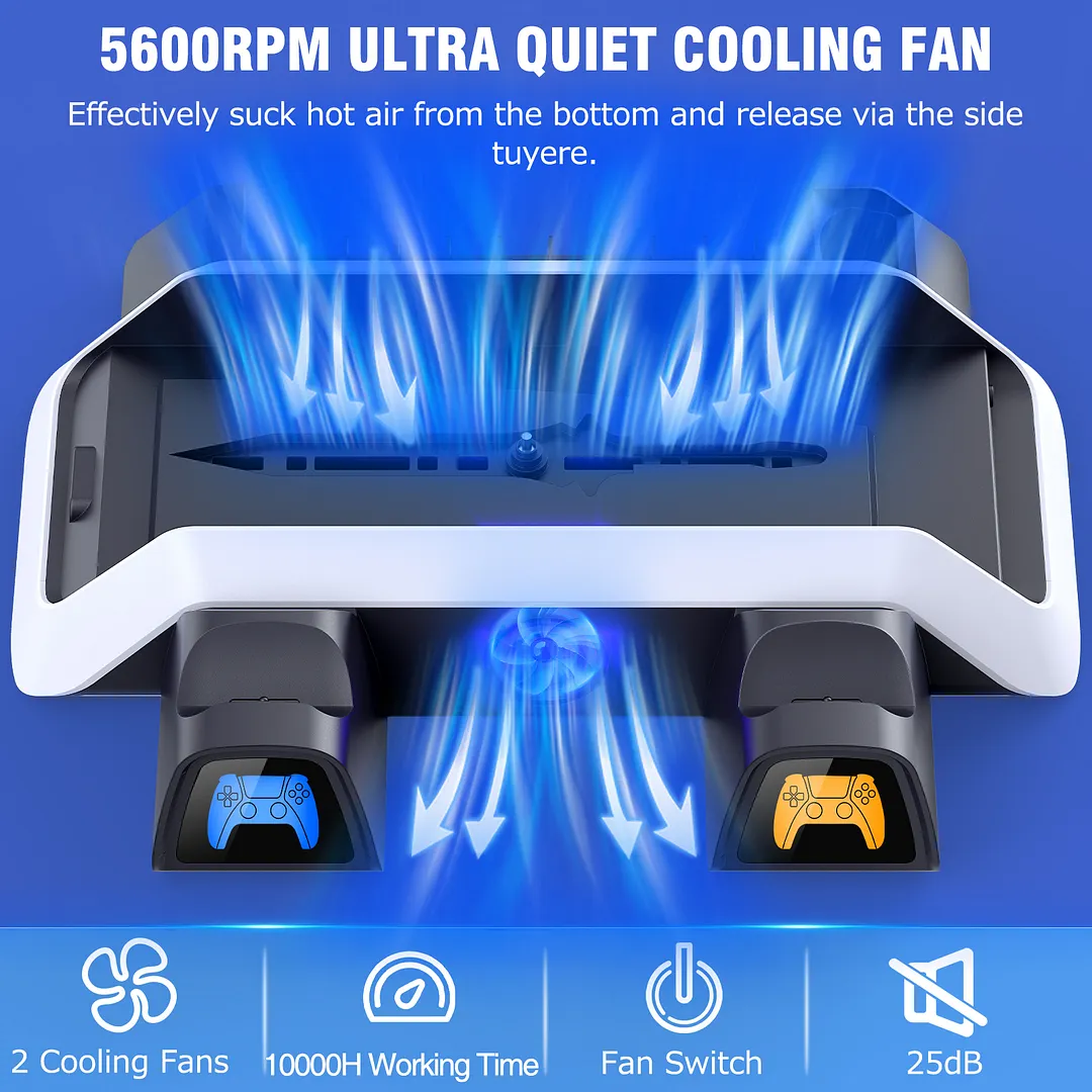 DinoFire Vertical Stand for PS5 with 2 Cooling Fan, Controller Charging Station for PS5 Dualsense/Digital/Disc Edition