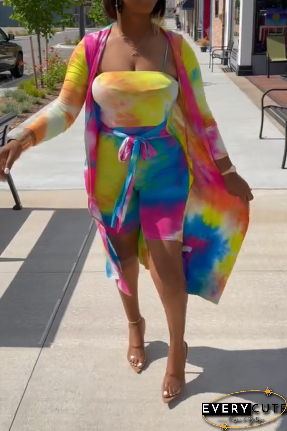 Sexy Patchwork Tie-Dye Strapless Long Sleeve Two Pieces