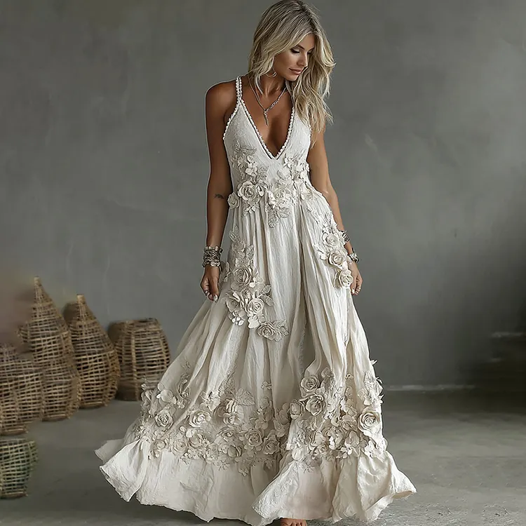 Women's Vintage Rose Embroidery Art V-neck Casual Camisole Dress