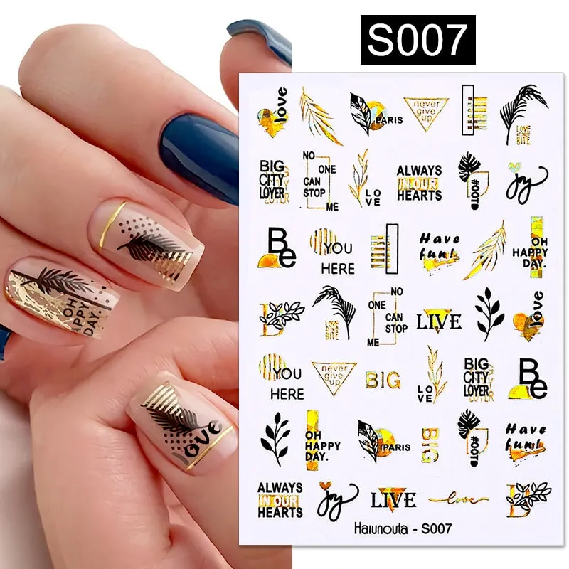 Harunouta Gold Flower Leaves Water Decals Slider Lines Geometrics Spring Summer Nail Art Transfer 3D Stickers DIY Watermarks-Nail Inspo