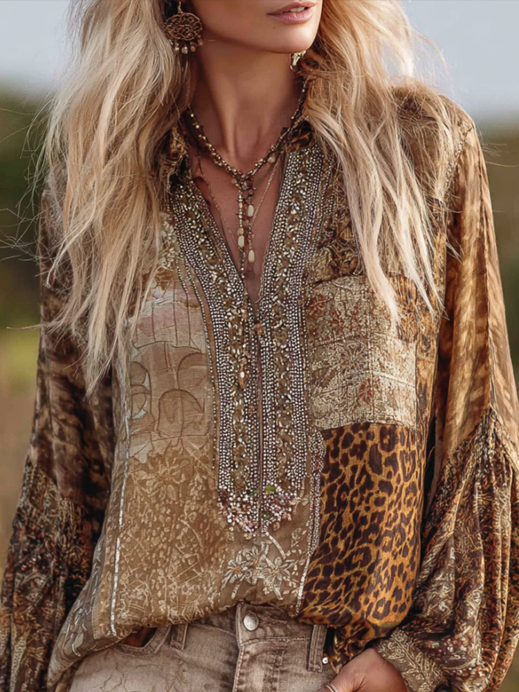 Comstylish Women's Vintage Wild Leopard Print Art Patchwork Cotton Linen V-neck Long Sleeve Top