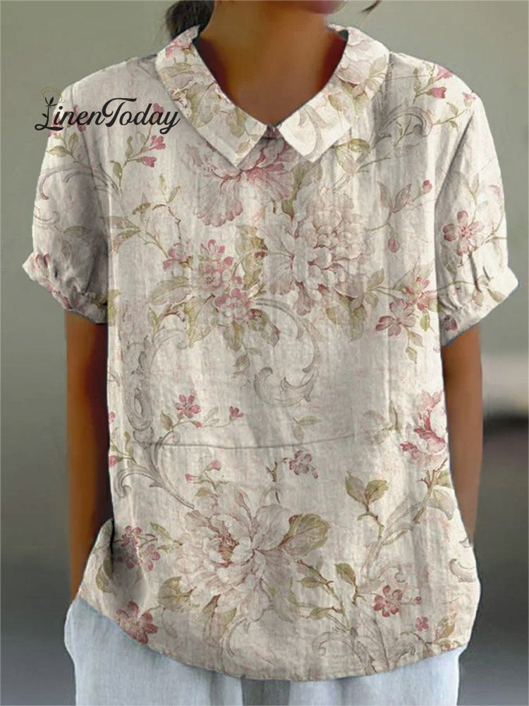 Women&rsquo;s Retro Floral Art Print Casual Cotton And Linen Shirt Multicolor / S