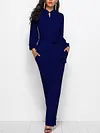 Urban Solid Color Bandage Buttoned Round-Neck Wide Leg Long Sleeves Jumpsuit