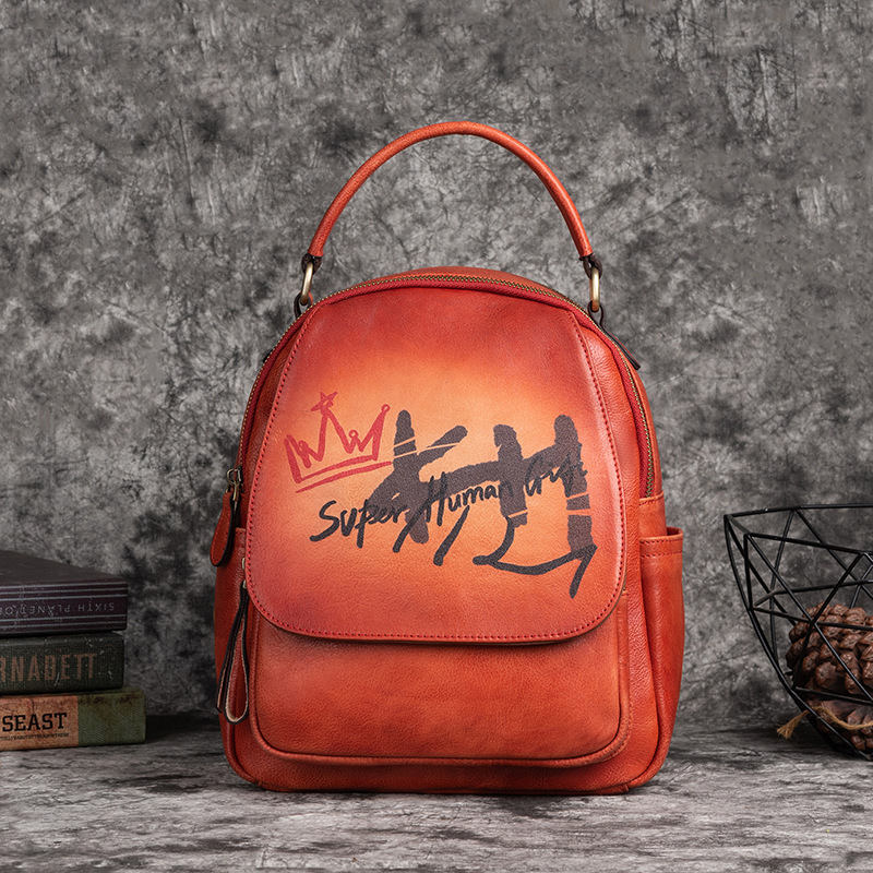 Guangzhou Women's Bag First Layer Cowhide Literary Chinese Style Retro Polished Multi-Purpose Red Backpack One Piece Drop Shipping Leather