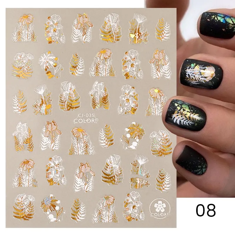 1 Pc 3D Nail Stickers Leaves Sliders for Nails Gold White Bronzing Flowers Gradient Adhesive Sticker Nail Design Art Decorations-Nail Inspo