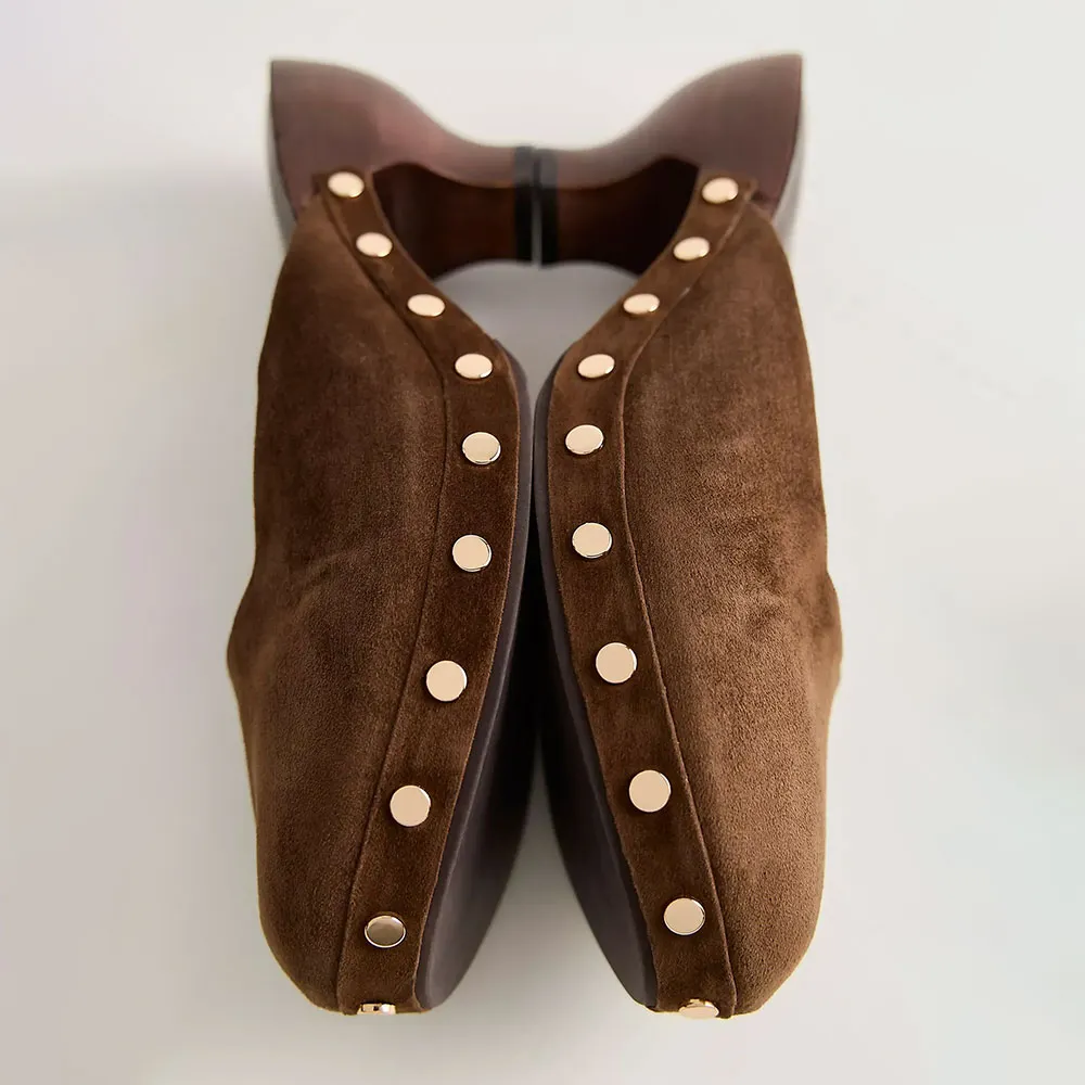 Brown Vegan Suede Round Toe Studded Sculptural Heel Mules Shoes