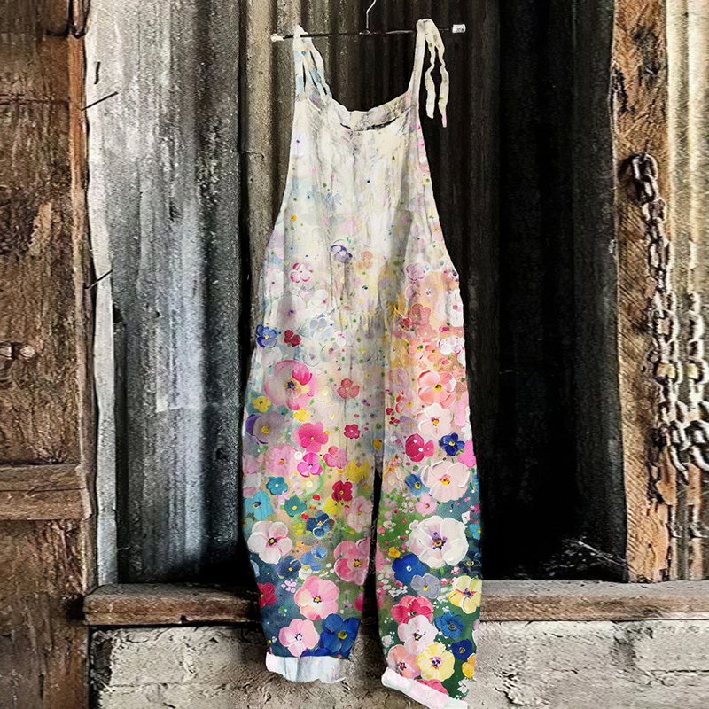 Vintage Colorful Flowers Art  Print Linen Loose Casual Jumpsuit