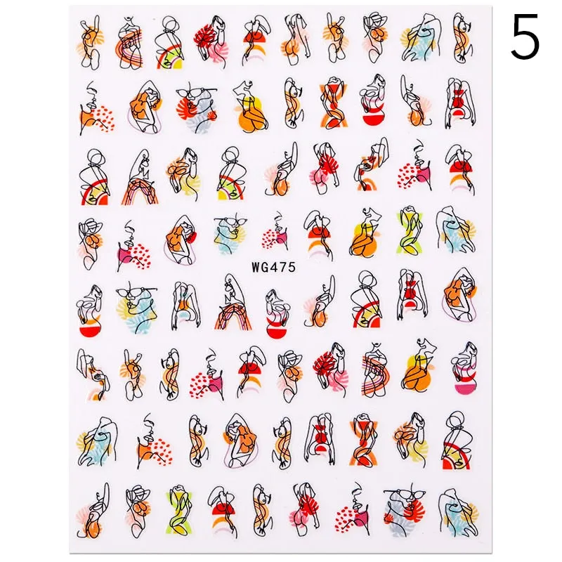 Geometric Lines Flowers Leaves 3D Nail Sticker Figure Woman Face Pattern Special Self Adhesive Nail Art Decals Manicures Sliders-Nail Inspo