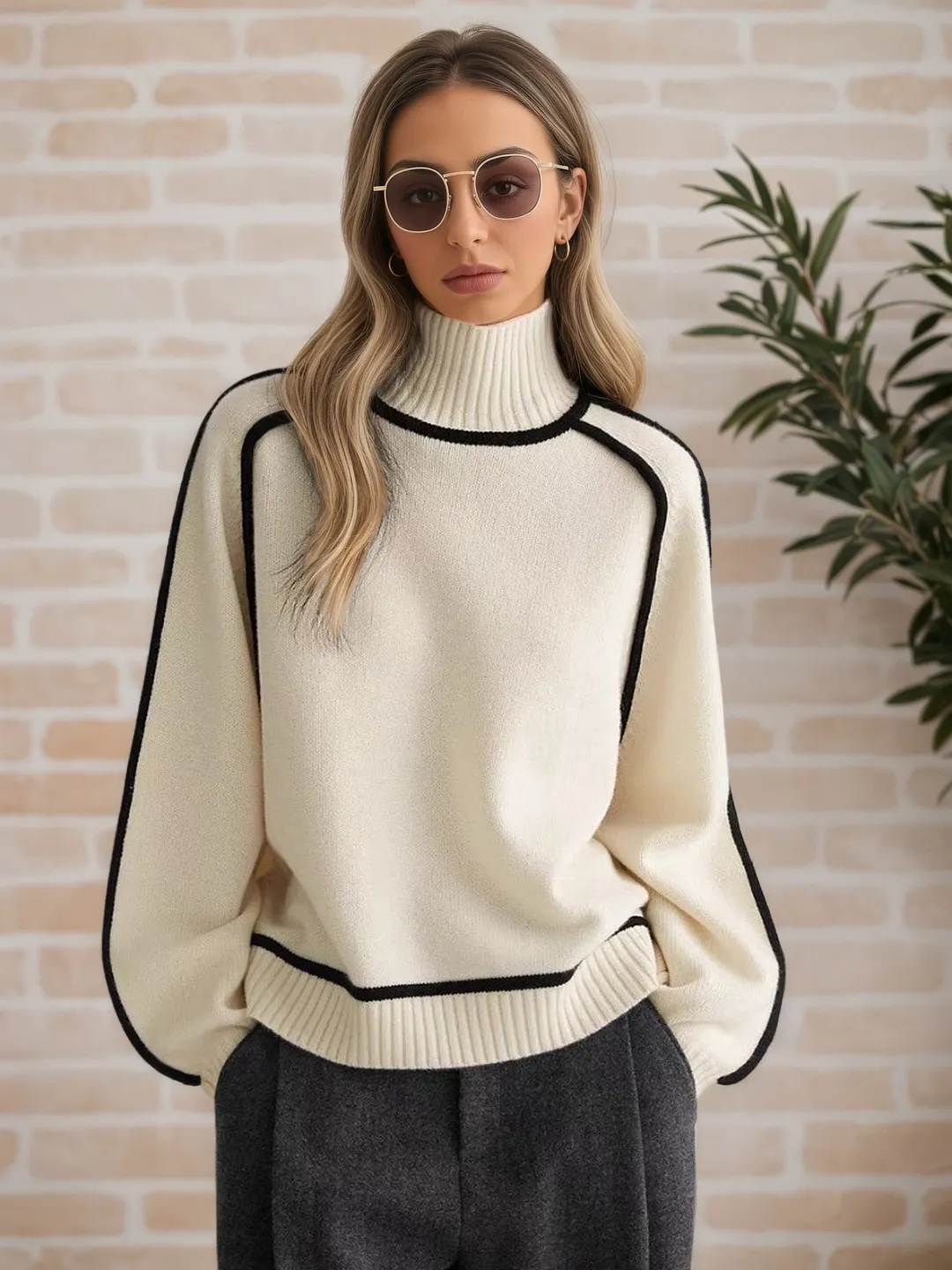 Athvotar Athvotar Autumn And Winter Half-High Three-Dimensional Stripe Thin Leisure Loose Knitted Knitted Jersey Languid Sweater