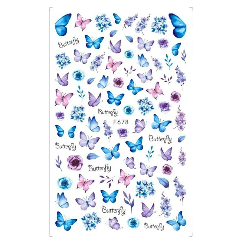 1pc Holographic Blue Nail Stickers Pink Colorful Butterfly Art Sticker With Adhesive DIY Extension Flowers Rose Nail Decoration-Nail Inspo
