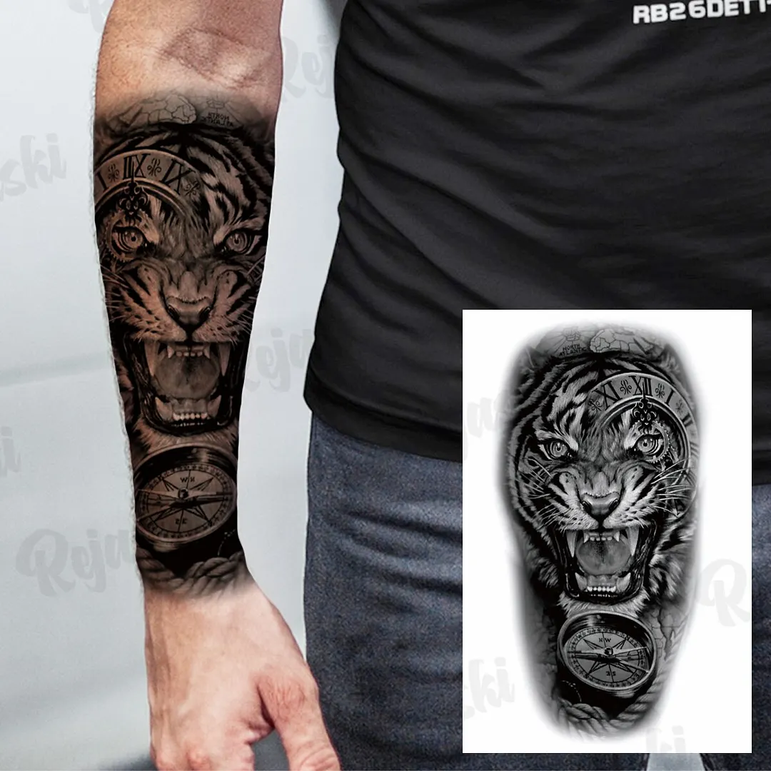 Sdrawing Thorns Temporary Tattoos For Adults Men Realistic Totem Maori Lion Compass Flower Tiger Fake Tattoo StickerArm Tatoos DIY