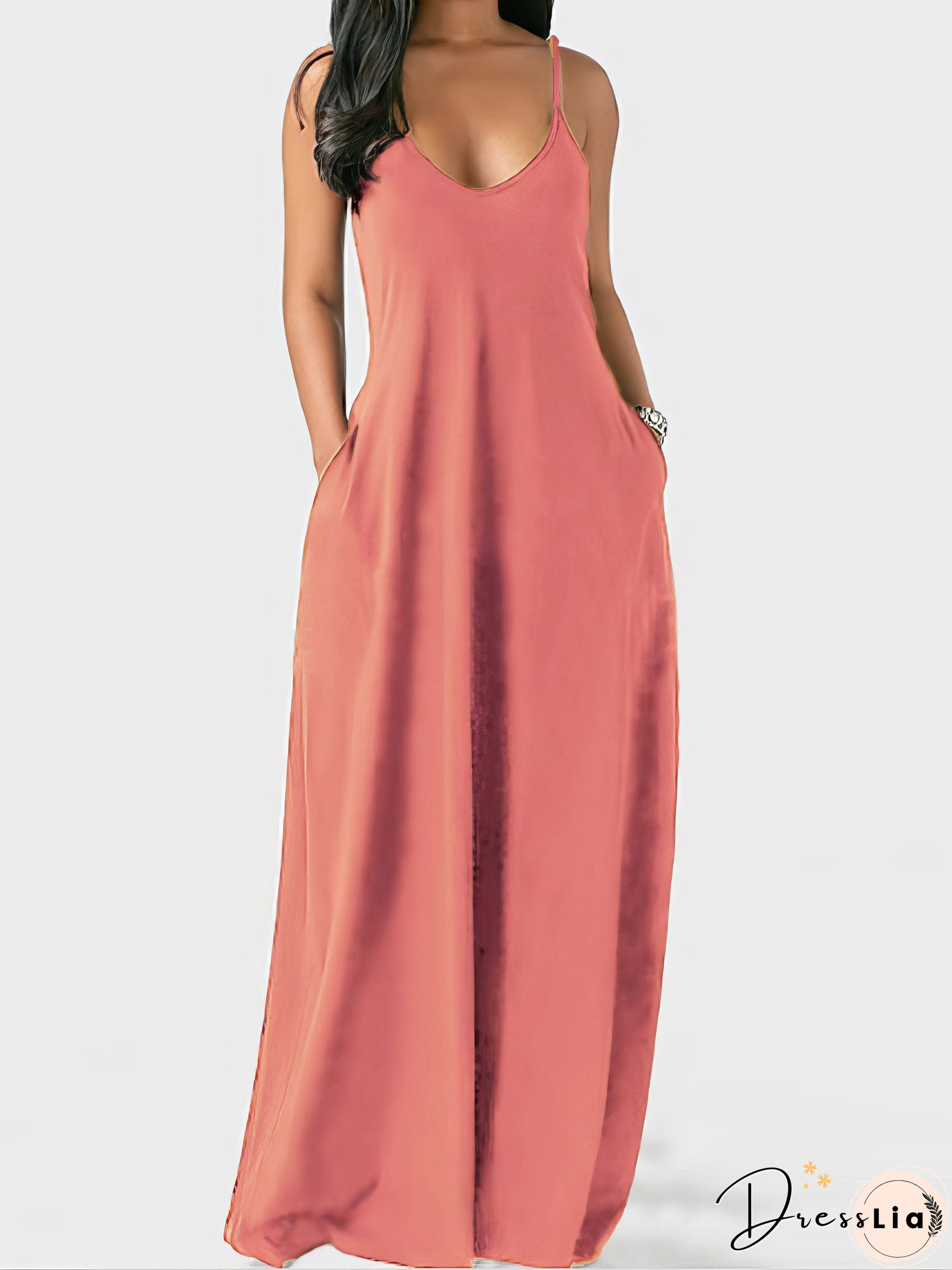 V-neck Solid Pocket Casual Sling Dress