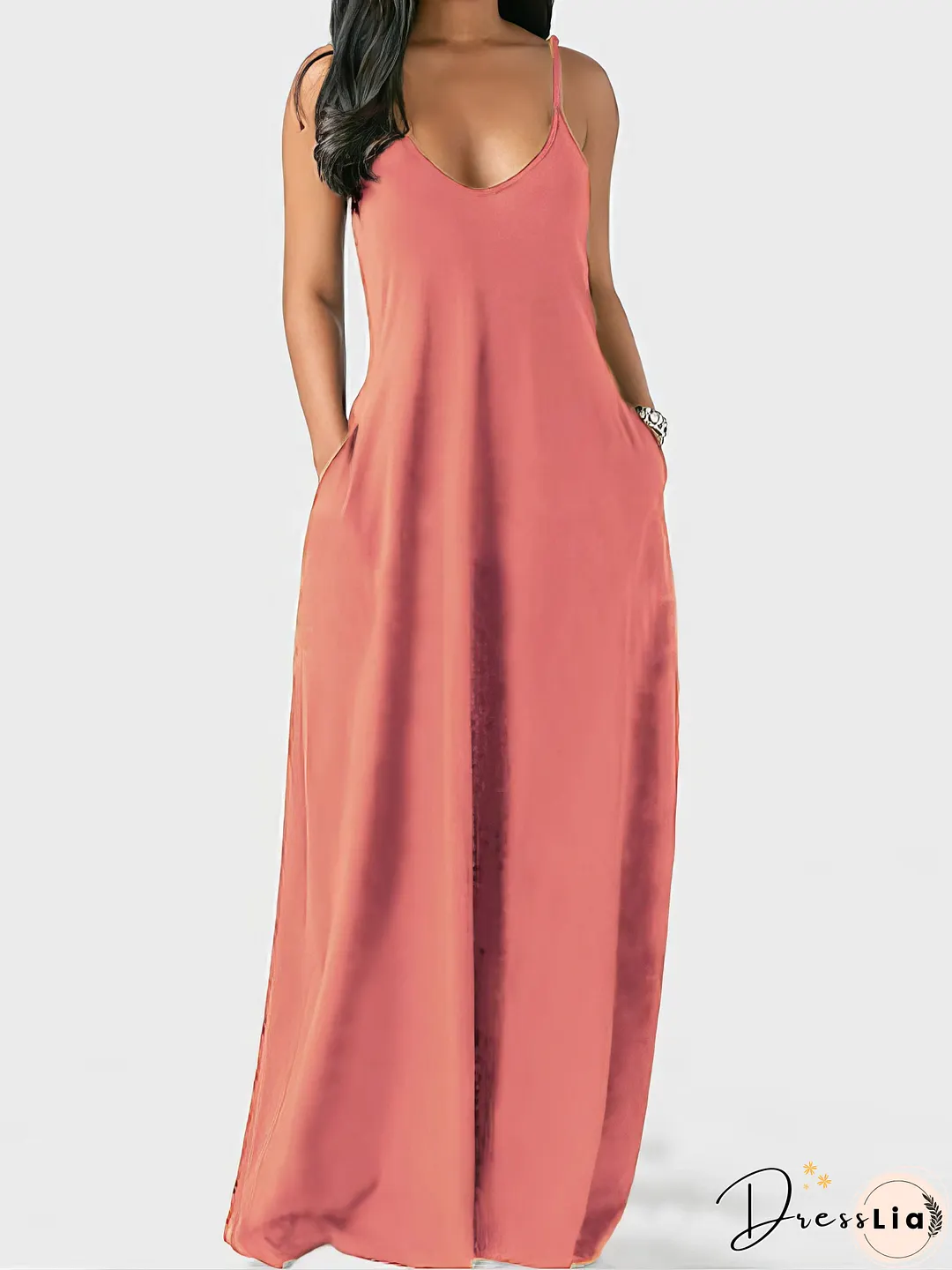 V-neck Solid Pocket Casual Sling Dress