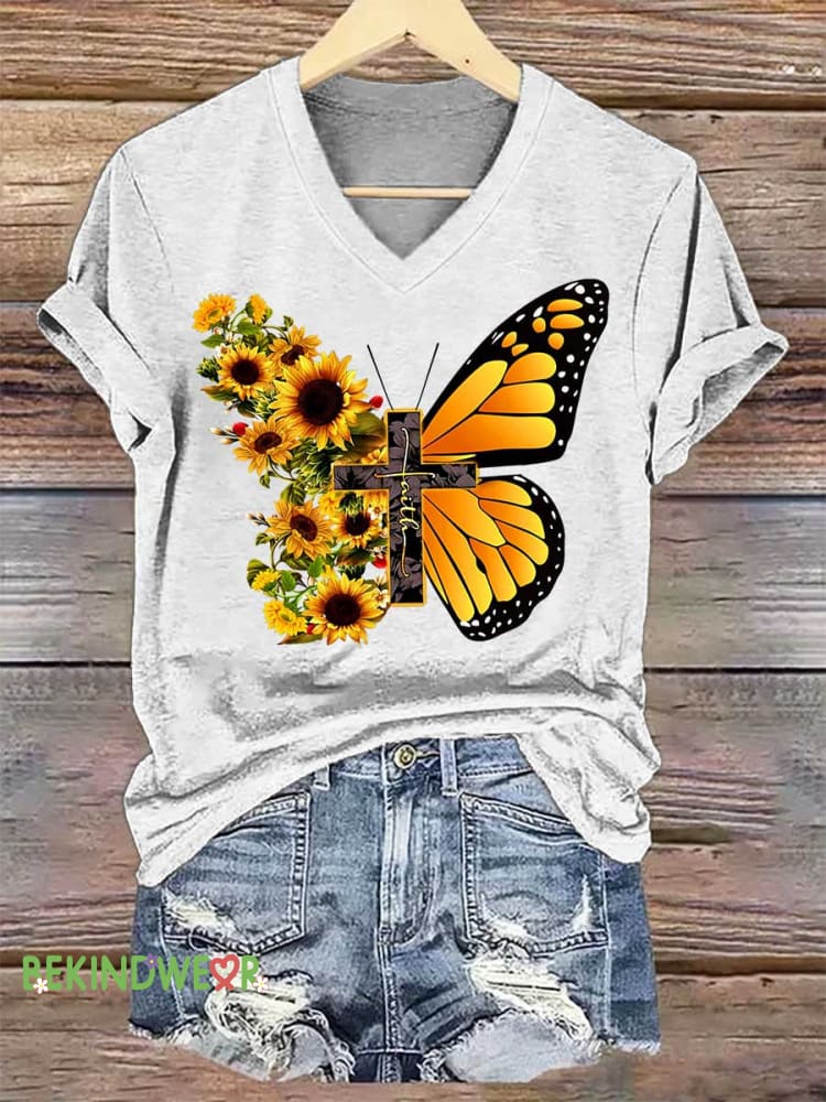 Women&rsquo;s Sunflower Butterfly Faith V-neck Casual T-Shirt White / S