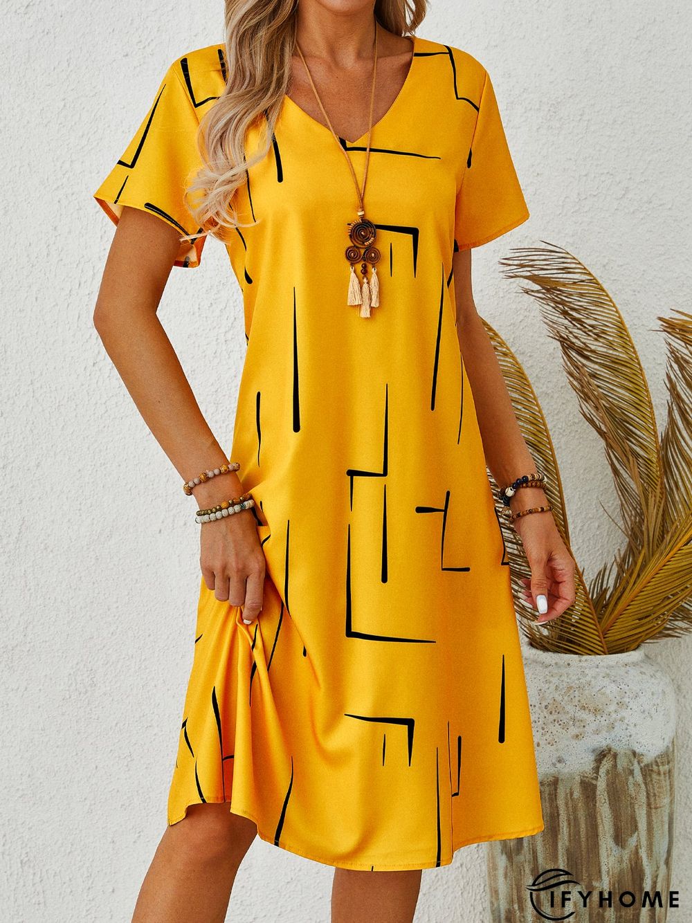 Short Sleeve Solid Casual Shift Knitting Dress | IFYHOME