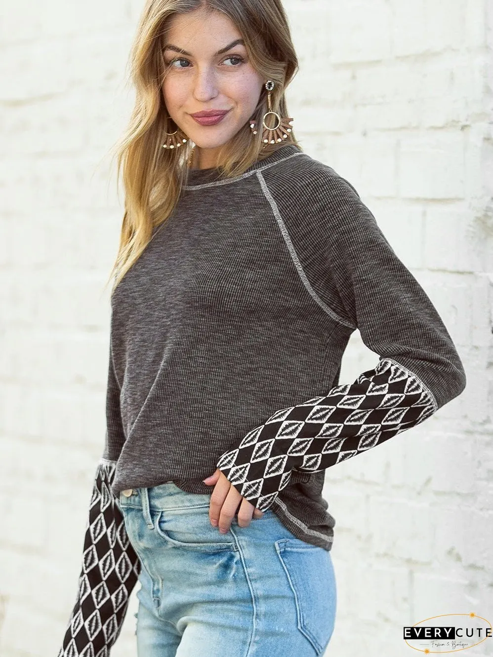 Cozy Gray Aztec Patterned Ribbed Top
