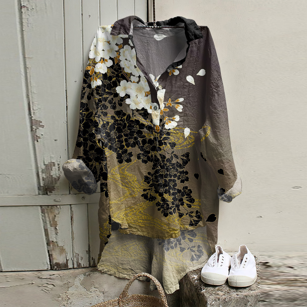 Japanese Art Print Loose Long Sleeve Shirt artswardrobe