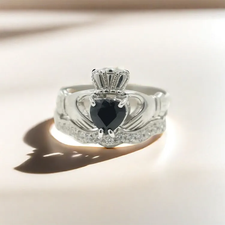 Claddagh Black Diamond Double Stacked Ring
