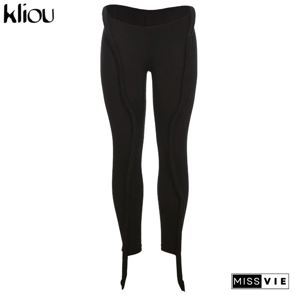 Kliou Solid Splicing Long Pants Women Summer Sexy Medium Waist Skinny Hipster Punk Street Midnight Style Streetwear Trousers