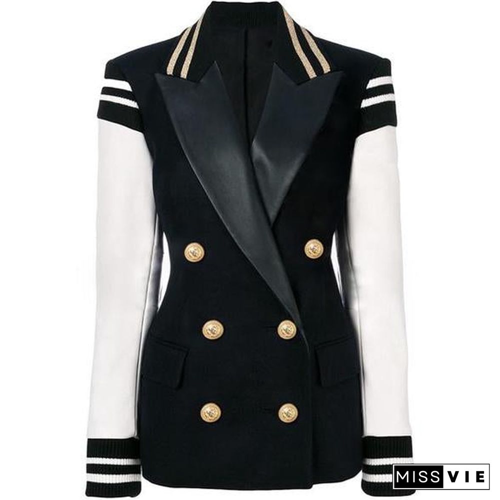 Naval Varsity Stripes Color Block Leather Blazer Jacket