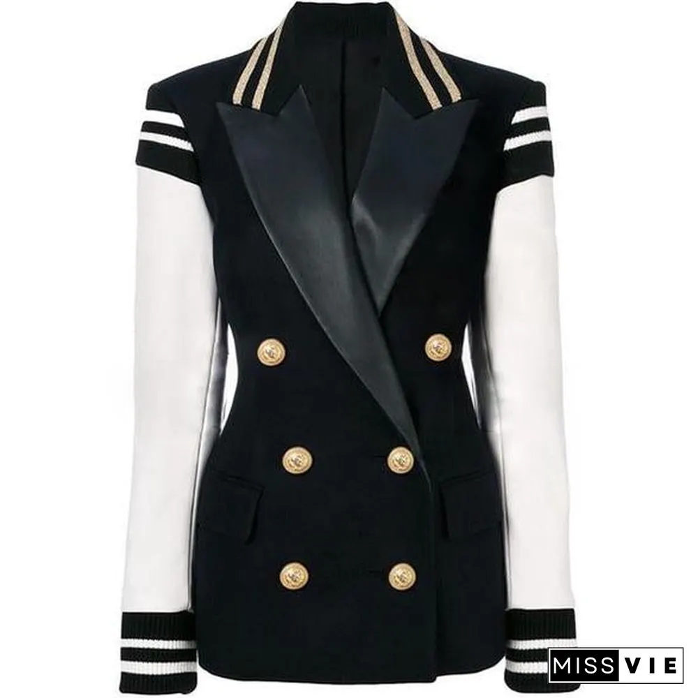 Naval Varsity Stripes Color Block Leather Blazer Jacket