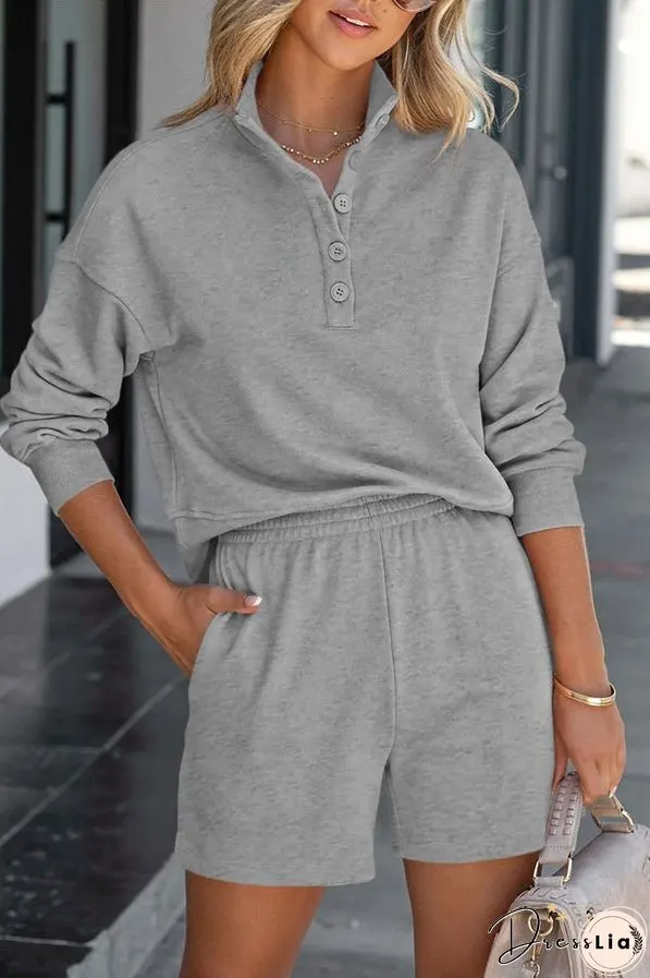 Solid Color Henley Shirt and High Waisted Shorts Two Piece Set