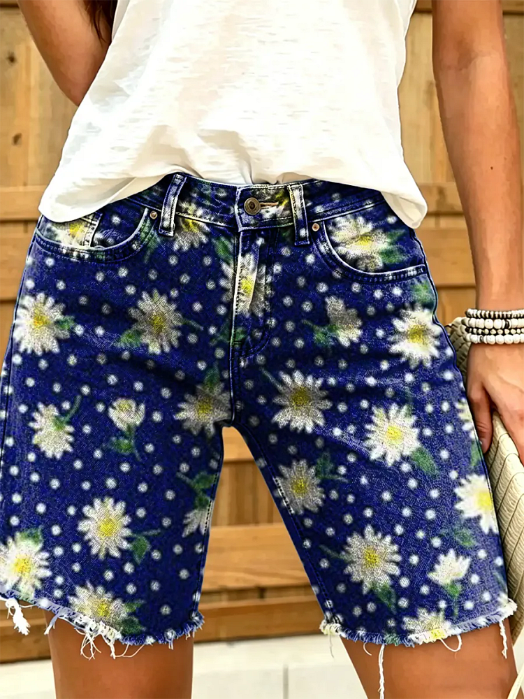 Women's Vintage Floral Print Denim Shorts