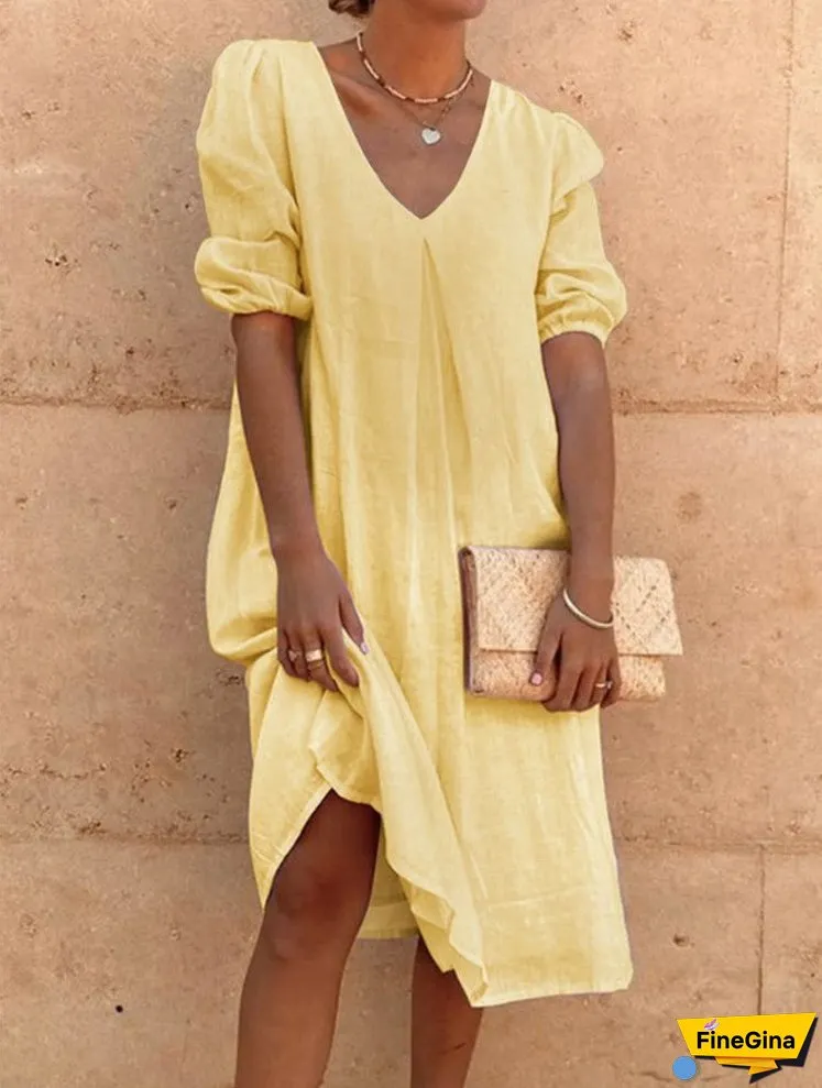 XIEYINSHE Europe and America Cross Border Wish Cotton Linen Solid Color Fashion Medium Long Sleeve Long Casual Mid-Length Dress