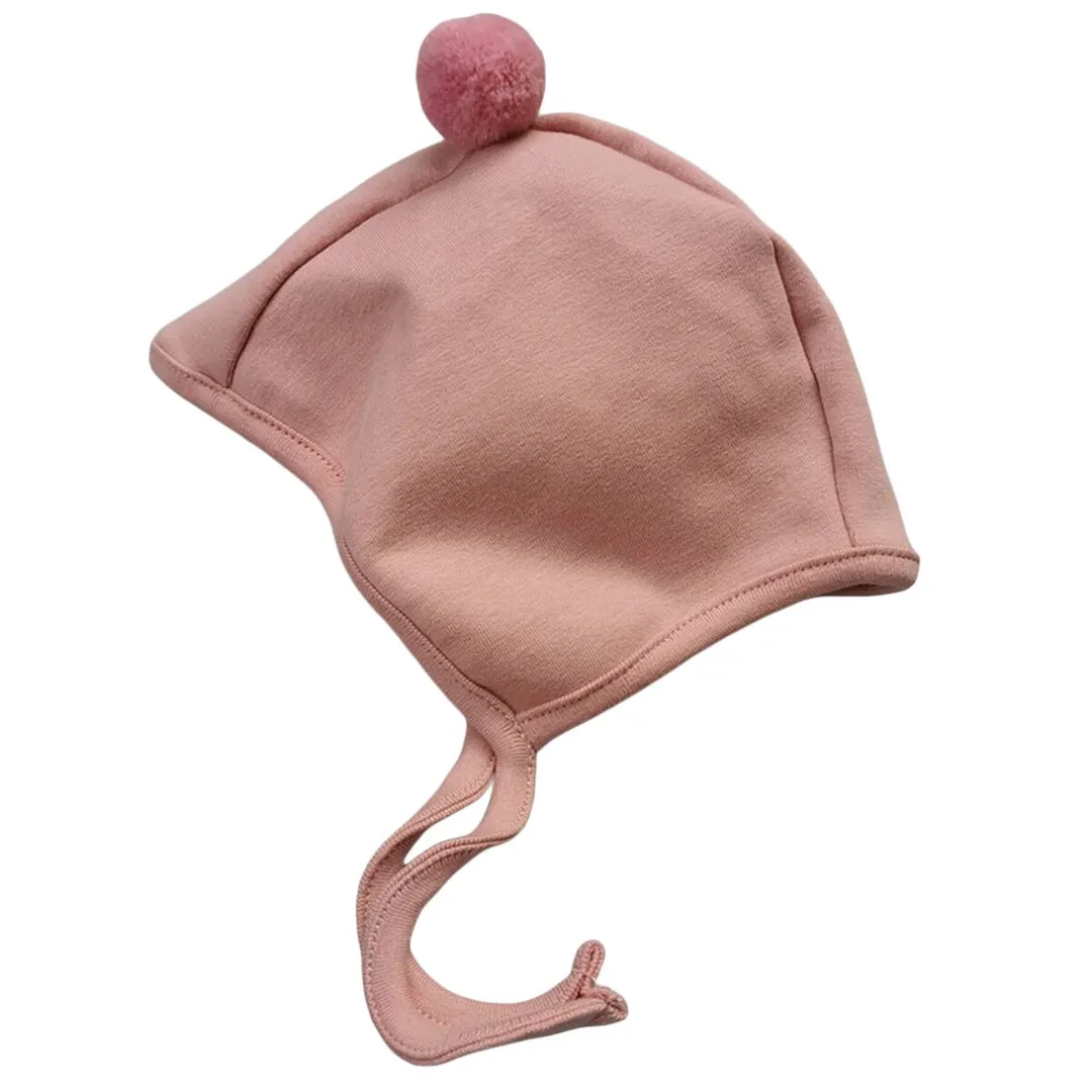 Winter Baby Boy Girl Warm Cap Hat No-Brim Plush Ball Hat Beanie Bear Ears Solid Strap Caps