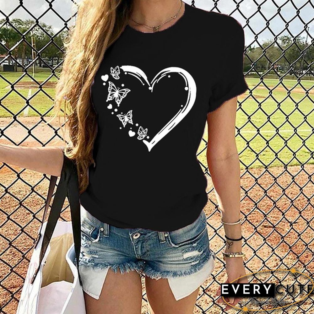 New Ladies Heart-shaped Print Short-sleeved T-shirt Fashion Round Neck T-shirt Womenu3002