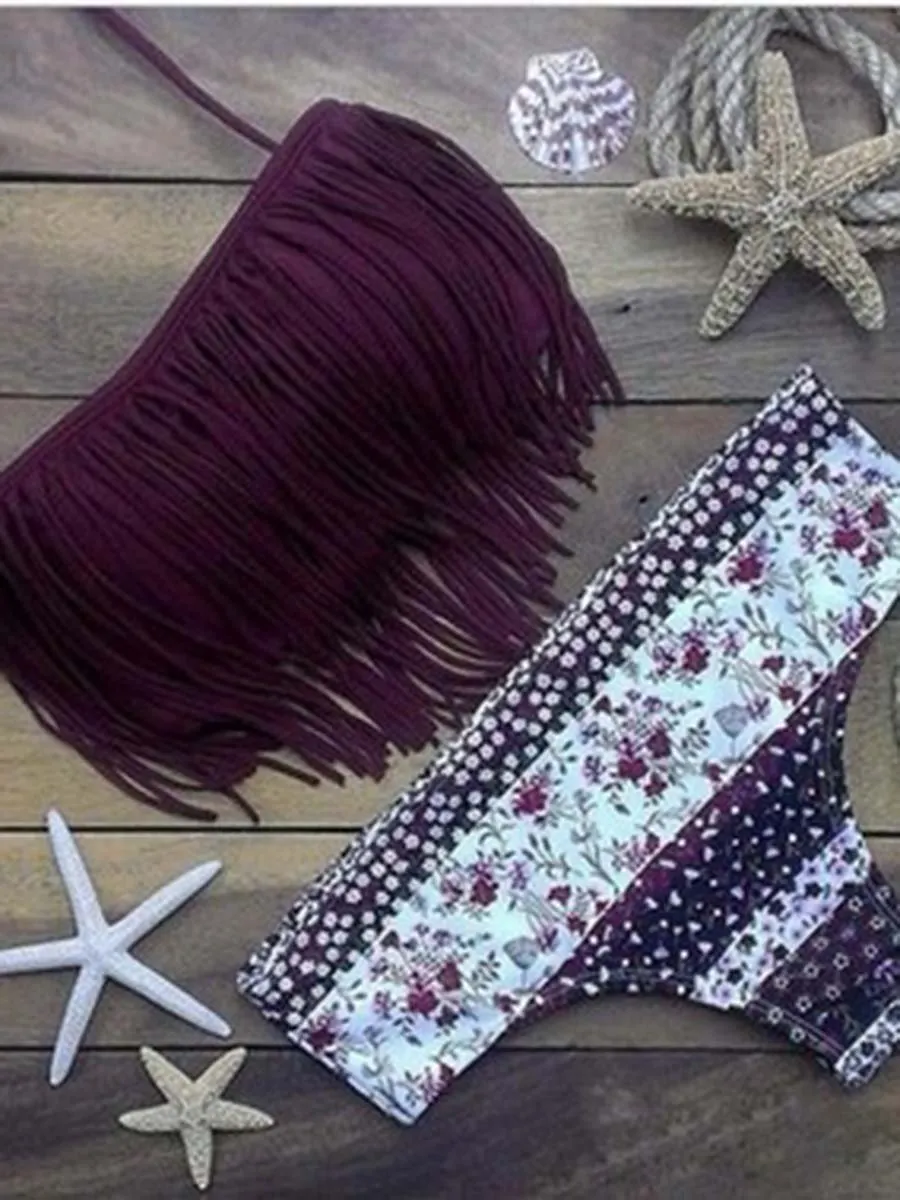 Tassel Tinny Floral Printed Bikini Set
