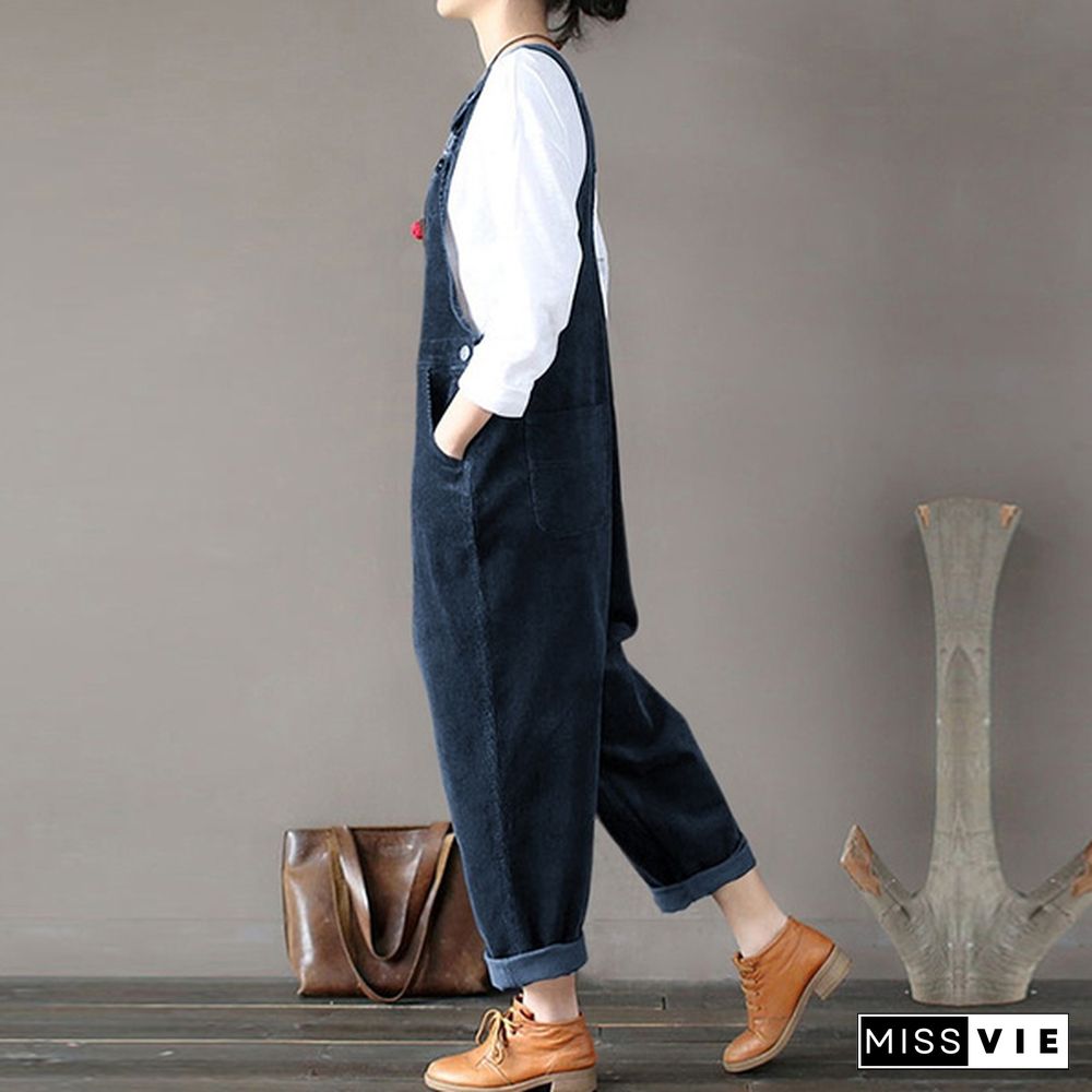 Women Corduroy Bib Pants Trousers Jumpsuit Playsuit Dungarees Pinafores Overalls