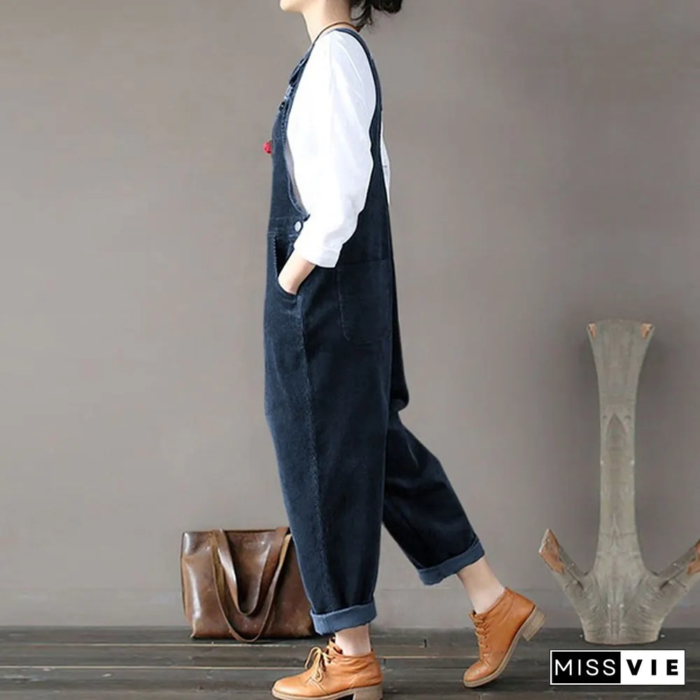 Women Corduroy Bib Pants Trousers Jumpsuit Playsuit Dungarees Pinafores Overalls