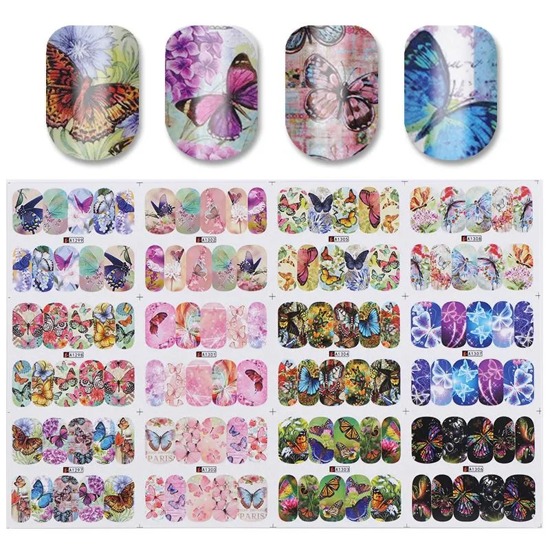 12Pcs Flower Leaf Geometric Lines Water Decals Spring Floral Butterfly Transfer Sliders Paper For Nails Decoration Manicures