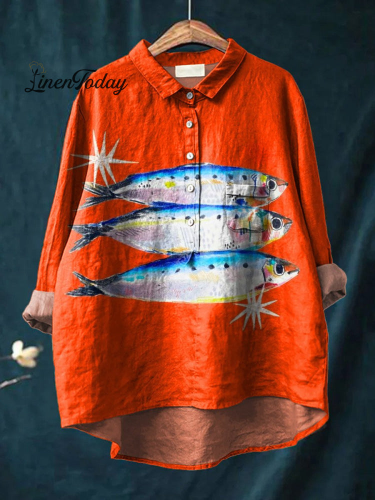 Vintage Lovely Fish Art Print Casual Cotton And Linen Shirt Orange / S