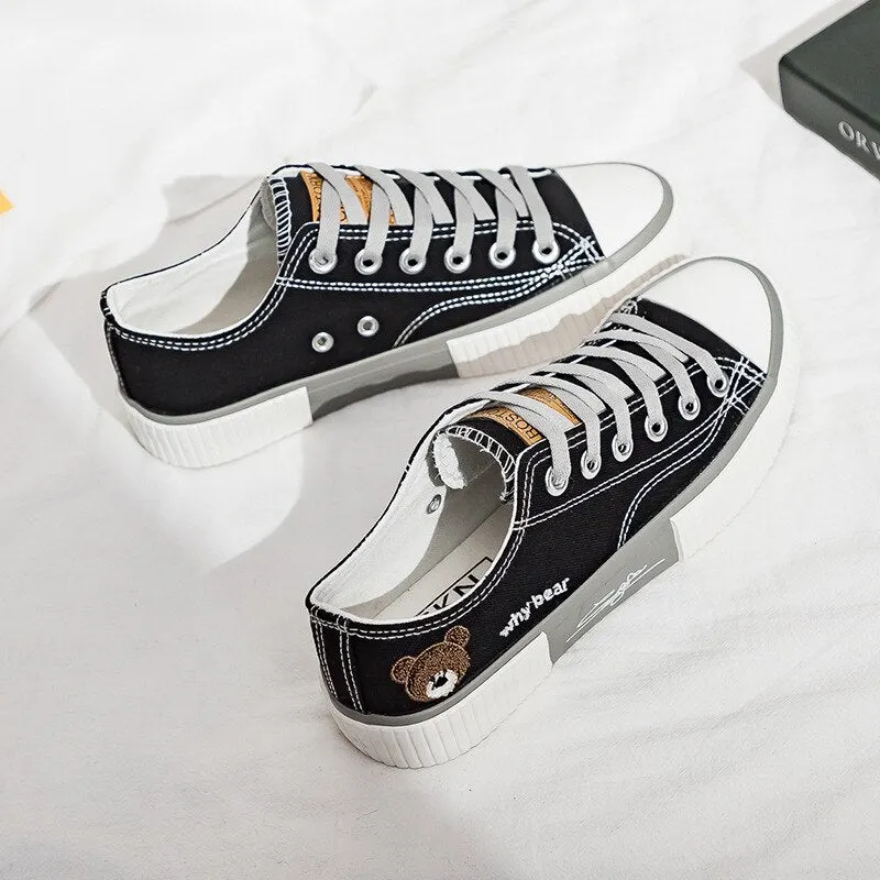 Fashion Women Canvas Shoes High Top Flat Shoes for Women White Black Sneakers Board Shoes Bear Canvas Sneakers Sneakers Women
