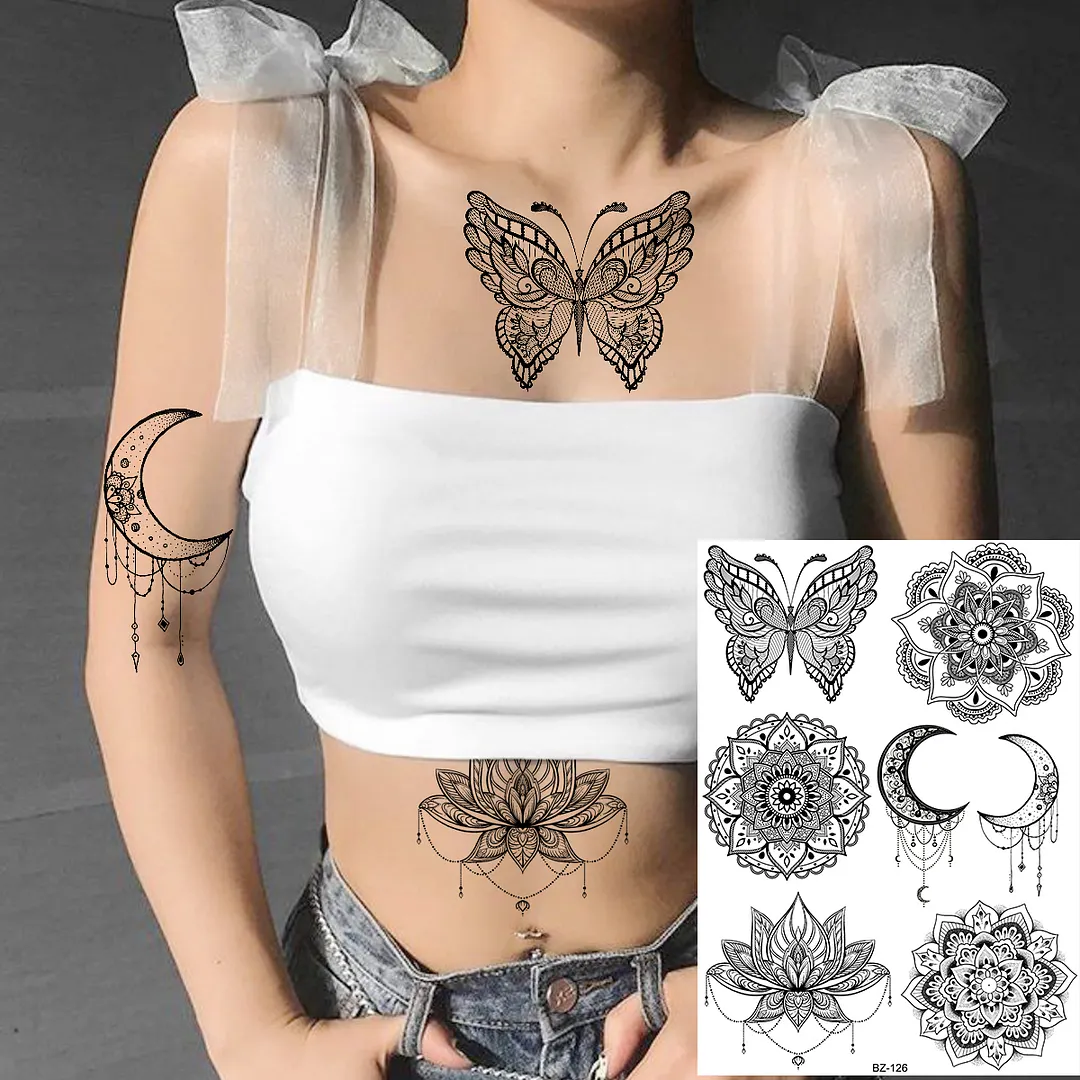 Sdrawing Henna Temporary Tattoos For Women Girls Feather Butterfly DreamCatcher Fake Gem Tattoo Sticker Chest Arm Tatoos Tribal