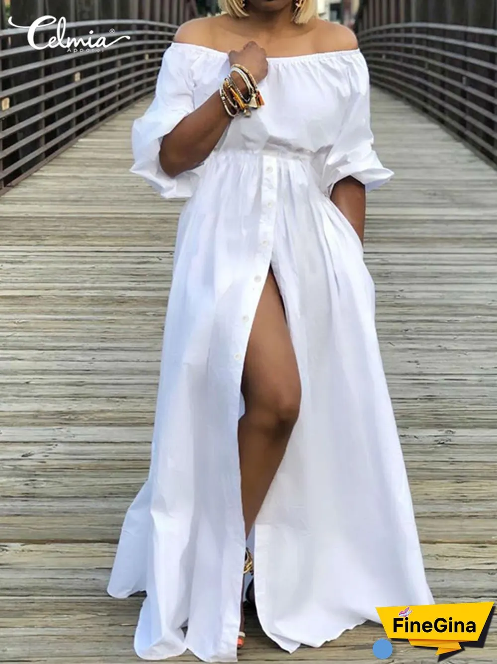 Summer Dresses Women Celmia High Split White Long Sundress Sexy High Waist Maxi Robes Three Quarter Sleeves Party Vestidos