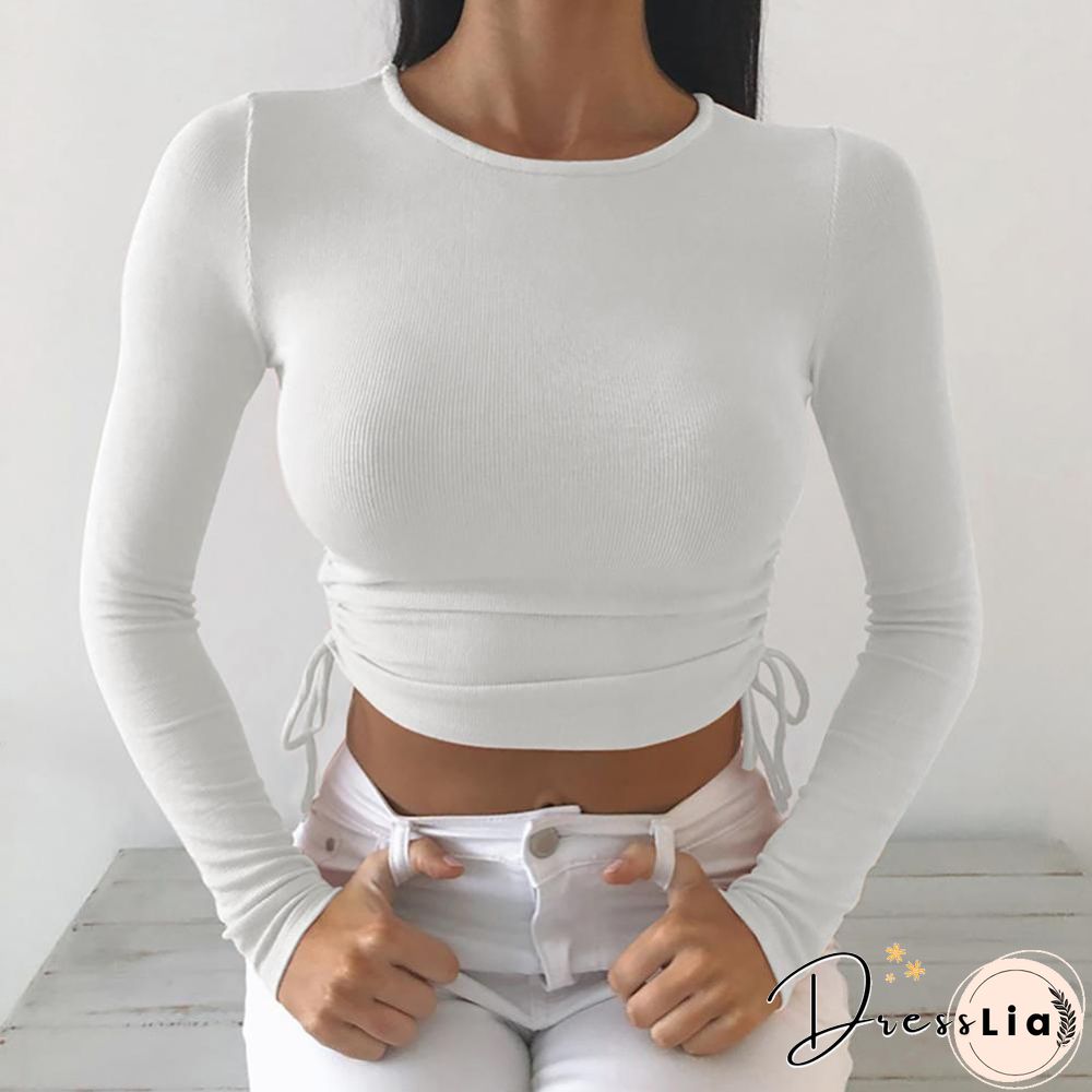 Casual Solid O-Neck Long Sleeve Crop Top Women Side Drawstring Ruched White T-Shirt Female Tee Shirt Top For Women Clothing
