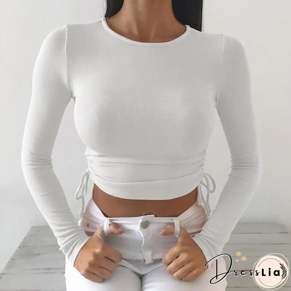 Casual Solid O-Neck Long Sleeve Crop Top Women Side Drawstring Ruched White T-Shirt Female Tee Shirt Top For Women Clothing