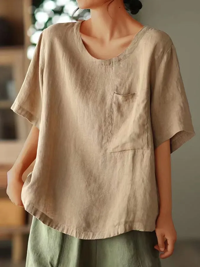 Round Neck Short Sleeved Belly Covered Pullover Casual Shirt