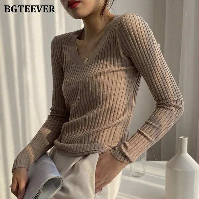 BGTEEVER Autumn Deep O-neck Women Basic Slim Warm Knitted Tops Casual Skinny Stretch Long Sleeve Female Pullover Sweaters 2020