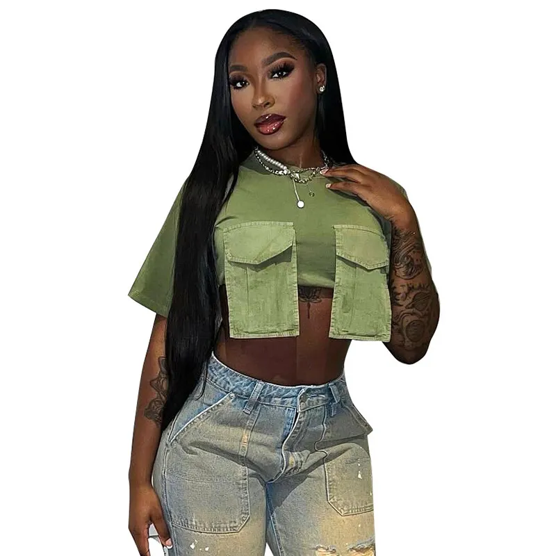 Brownm Brownm Women's Summer New Fashion Wear Round Neck Short Sleeves Pocket Ultra-Short T-Shirt Top