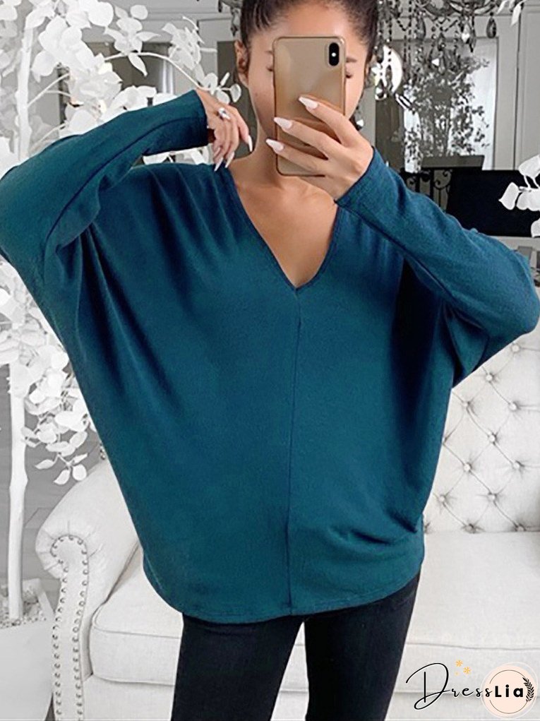 Women's T-Shirts Simple V-Neck Off-Shoulder Long Sleeve T-Shirt
