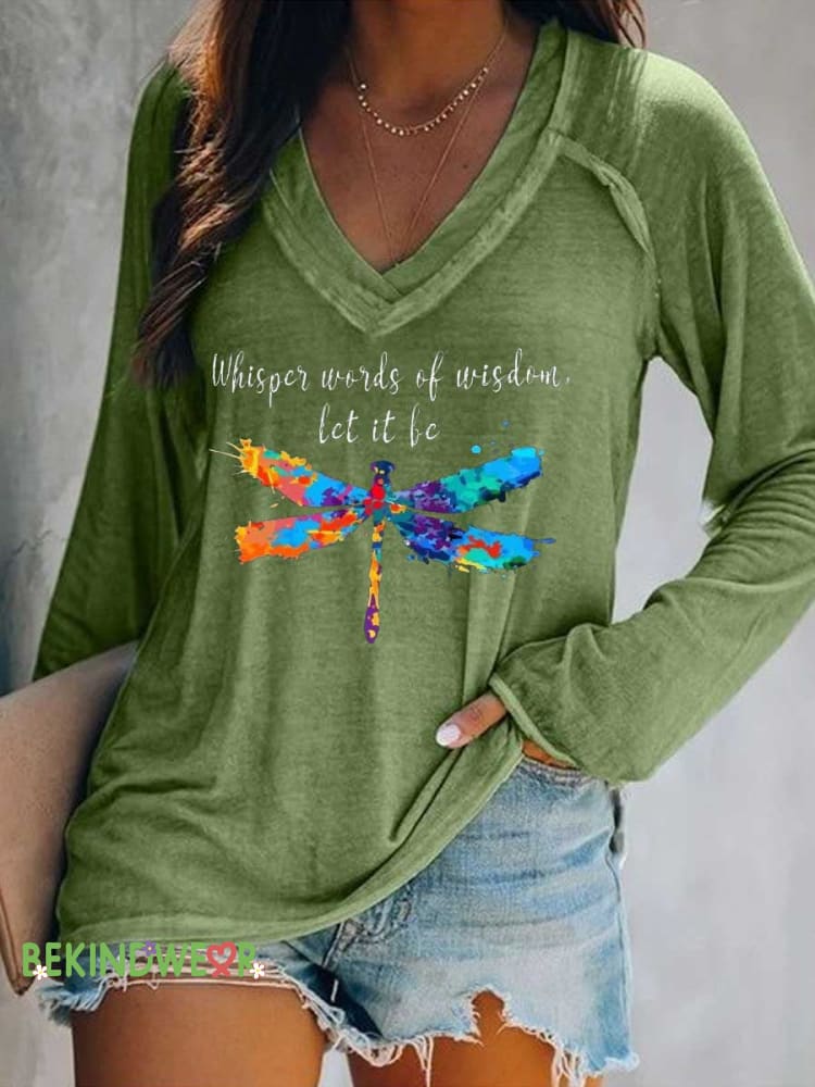 Women&rsquo;s Whisper Words of Wisdom Let It Be.dragonfly Print V Neck Long Sleeve Tops Green / S