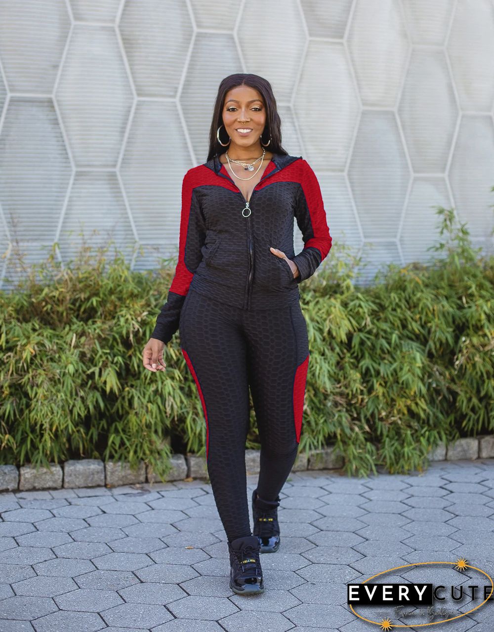 Women Colorblock Zipper Hooded Coat Top Pants Sweat Suits