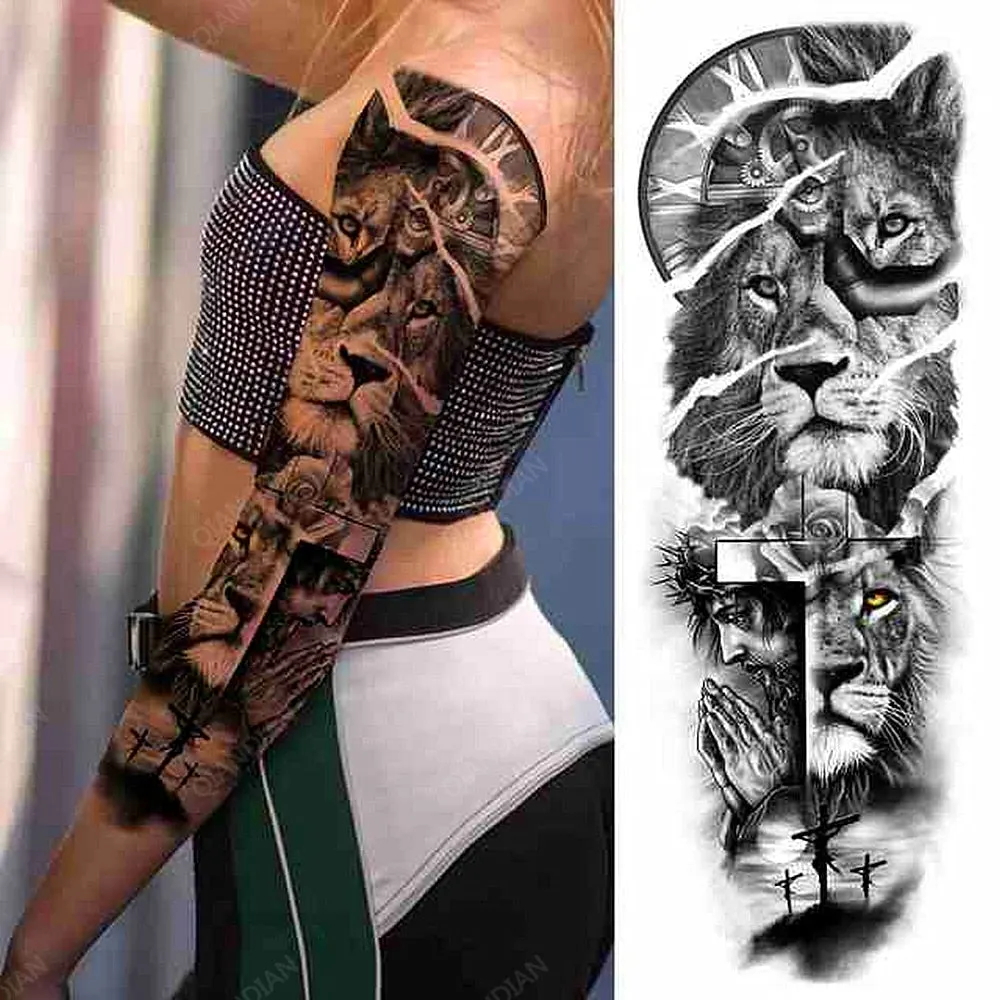 Large Arm Sleeve Tattoo Rose Lion Wolf Waterproof Temporary Tatto Sticker Flower Clock Waist Leg Body Art Full Fake Tatoo Women